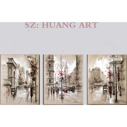 Hand-painted group 3 pieces of the streets of Paris city street oil painting to decorate the sitting room sofa large murals cafe