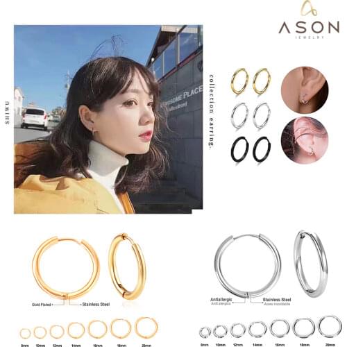ASONSTEEL Gold/Silver Color Round Hoop Earrings Size 8mm to 20mm Stainless Steel Anti-Allergy Small Thick Dangler Party Gift