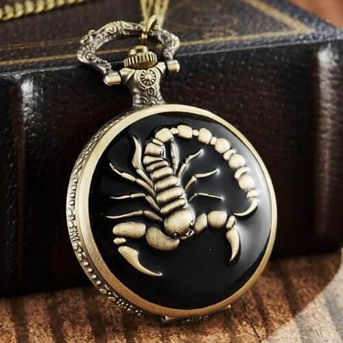 Scorpion Quartz Pocket Watch Black Spider Laser Engraved Necklace Chain Animal Pattern Watches Men Bronze Flip Case Fob Clock