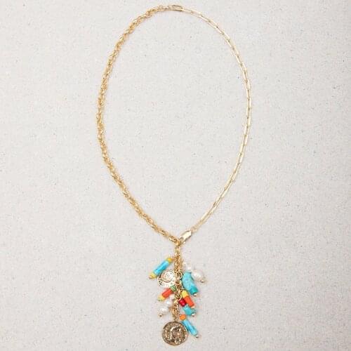 Boho Classic Jewelry Multi-function Wearing Fashion Accessories Natural Pearl Stone Gold Pendant Necklace Stainless Steel Chain