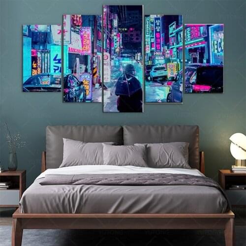 5 Pieces Neon Night City Japan Street Poster Canvas Print Painting Home Decor Wall Art Prints For Bedroom Living Room Wall Decor