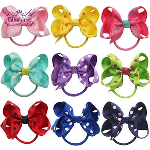 Nishine 10pcs/lot Cute Dots Grosgrain Ribbon Bows Toddler Elastic Hairband DIY Children Headwear Baby Accessories Holiday Gifts