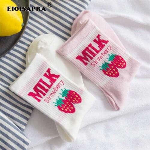 [EIOISAPRA]Kawaii Jacquard Fruit Strawberry Milk Pinky/White Women Socks Japanese Harajuku Funny Socks Calcetines Mujer
