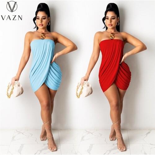 VAZN 2021 New Chiffon Asymmetrical Mini Dress Solid Sexy Club Strapless Joker Ladies Slim Elegant Female Young Women Mini Dress
