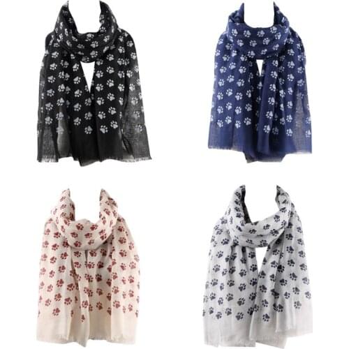 Women Cute Puppy Dot Paw Print Scarf Shawl Wrap Fringe Tassels Trim Neck Warmer