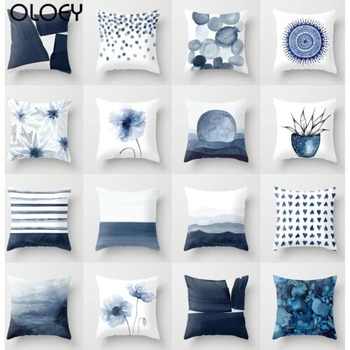 Creative Water Blue Geometric Cushion Cover Abstract Painting Polyester Pillowcase Nordic Simple White Couch Decorative Pillows