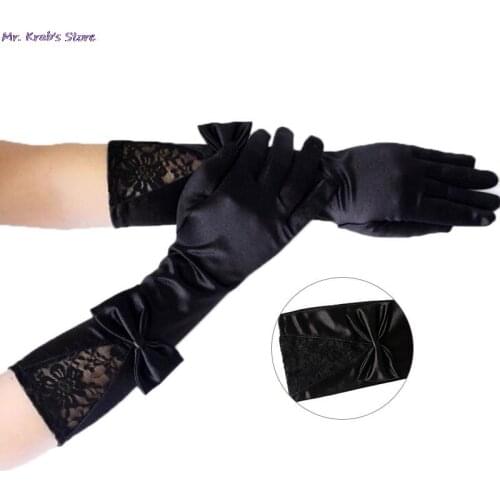 Sexy Clubwear Party Dance Performance Gloves Women Black Lace Patchwork Satin Gloves With Bowknot Accessories