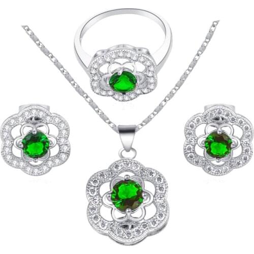 ROLILASON Green Zircon Silver filled Fashion jewelry cubic zirconia Jewelry Sets Earrings Necklace rings sz #6 #7 #8 #9 JS553