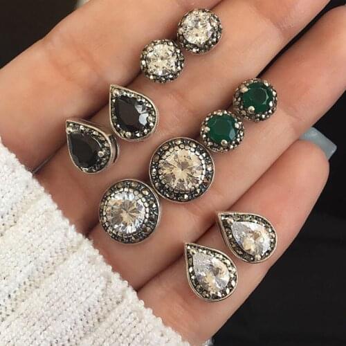 5 Pairs/set 2018 Mixed Crystal Earrings for Women Boucle D'oreille Jewelry Bohemian Stud Earring Set Green Black Droplet Brincos