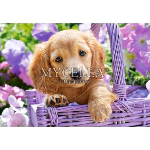 Puppy in Basket Dogs 5D DIY Diamond Painting Cross Stitch Rhinestone Needlework Diamond Embroidery Crafts Home Decor Stickers