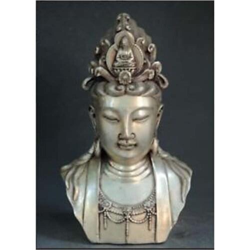 Old China Buddhism Silver Kwan Yin Buddha Head Bust Statue 1036g