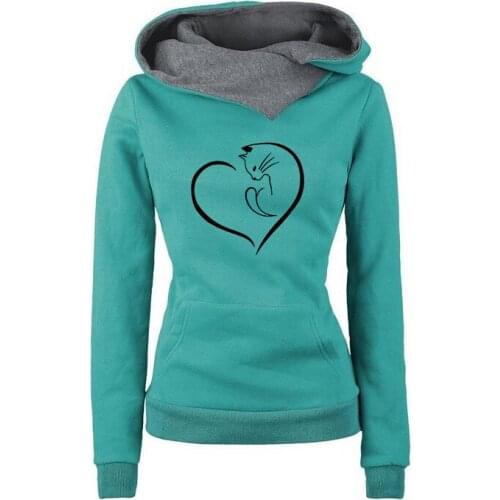Women Fleece Hoodie with Love Cat Print 2021 Autumn Winter Pullover Warm Pocket Hooded Jacket Female Fashion Plus Size