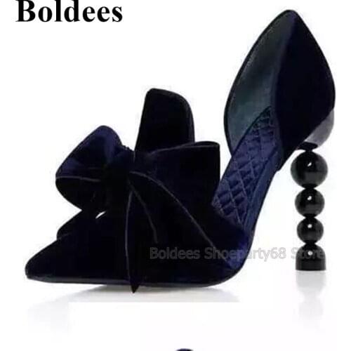 New Women Pearls Heel Shoes Fashion Big Size Medium Heels Sandals Pointed Toe Party Shoes Summer Butterfly-knot Suede Shoes