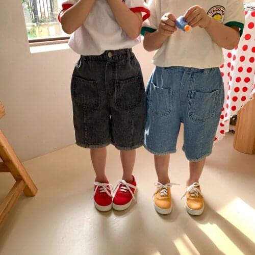 MILANCEL 2021 Summer New Kids Clothes Denim Solid Shorts Elastic Waist Straight Short Pants for brothers and sisters