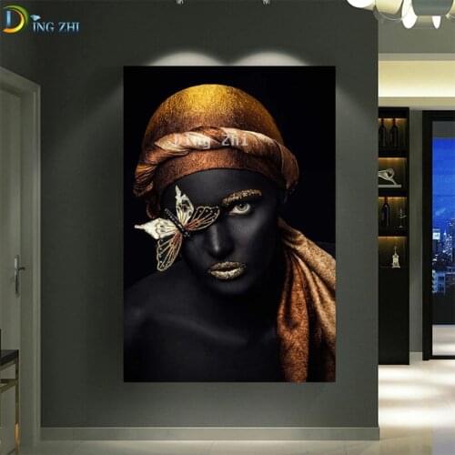 African Woman Golden Turban 5D Diy Diamond Painting Embroidery Butterfly Cross Stitch Wall Home Art Portrait Full Square Round