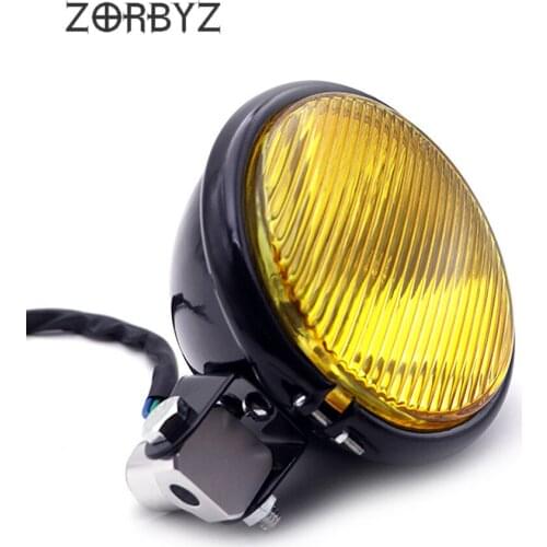 ZORBYZ Motorcycle Retro Black Front Headlight With Clear/Amber Lens Halogen Bulb Lamp For Kawasaki Harley Cafe Racer Custom