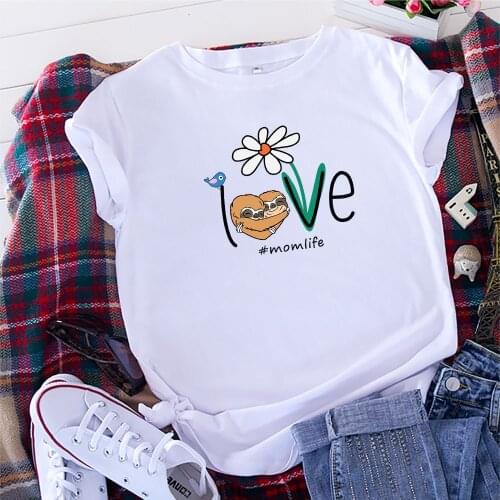 100% Cotton Summer New Womens T-shirt O-Neck Harajuku Daisy Sloth Bird Print Top Casual Female T shirt Oversized Size S-5XL