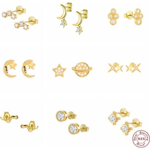 Aide 925 Sterling Silver Zircon Moon Star Planet Stud Earrings For Women Girls Shiny Crystal Snake Ear Stud Party Fine Jewelry