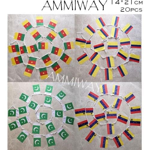 AMMIWAY 14x21cm 20pcs Cameroon Columbia Pakistan Venezuela Custom Polyester National String Flag World Countries Banner Bunting