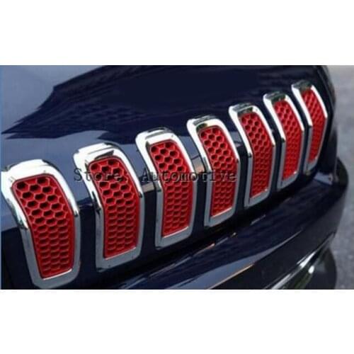For Jeep Cherokee Black/Silver/Red Honeycomb Mesh Grille Insert Trim Cover 2014-2016 7pcs