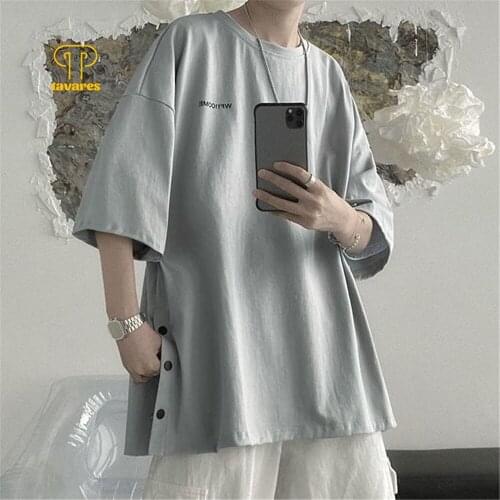 TAVARES Men Short Sleeve Button Bifurcation T-Shirts Summer Casual Tees Slub cotton Tops Oversized Streetwear Harajuku T-Shirt