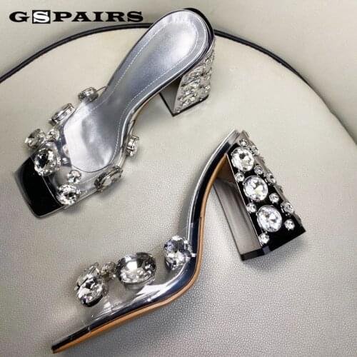 Genuine Leather High Heel Mules Elegant Open Toe Crystal shoes Formal Party Shoes Women High Heel Silver Rhinestone Sandals
