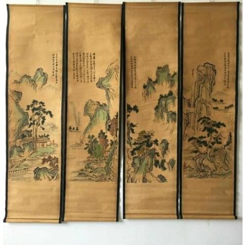 EXQUISITE CHINESE OLD PAPER PAINTING LANDSCAPE FOUR MURALS SCROLL PAINTING N