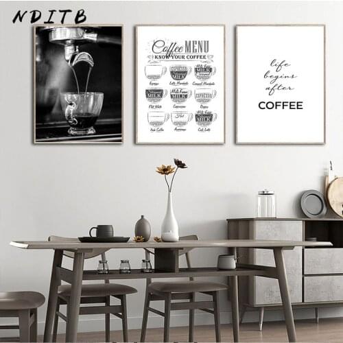 Coffee Menu Canvas Kitchen Poster Black White Food Drink Wall Print Art Painting Modern Dining Room Restaurant Decor Picture