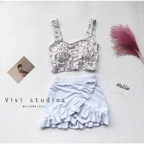 Bikini set Swimwear White print female two pieces swimsuit High Waist Women Bathing Suit biquini swimsuit with a skirt fashionab