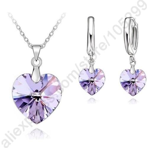 Romantic Violet Crystal Ocean Heart 925 Sterling Silver Pendant Necklace Earring Fine Jewelry Set With Lever Back Earring