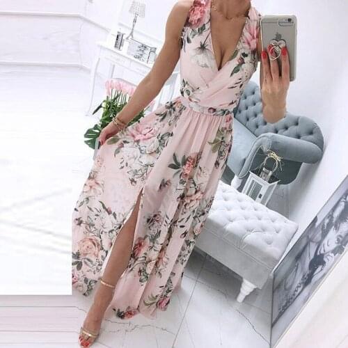 Summer Womens Dress Fashion Floral V-neck Sleeveless Long Dress