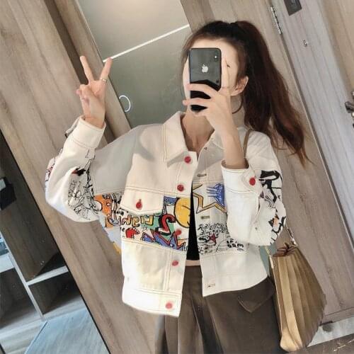 Fashion Graffiti White Denim Jacket Womens Fall Winter Lapel Long Sleeve Short Coat Korean Ladies Single-breasted Loose Jackets