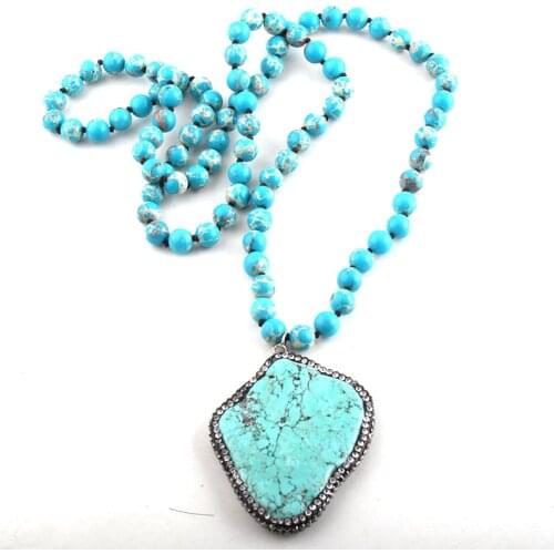 Fashion Bohemian Tribal Jewelry Stone Long Knotted Paved Blue Stone Pendant Necklace