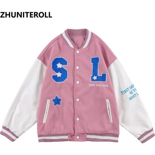 2021 Embroidery Harajuku Patchwork Jacket Men Bomber Jackets Fashion Baseball Coats Streetwear Windbreaker College Tops Outwear