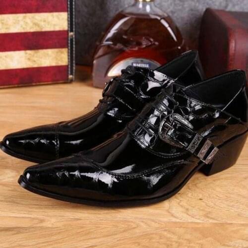 Mens genuine leather pointed toe shoes lace-up business dress shoes men British style party wedding fashion buckle high heels