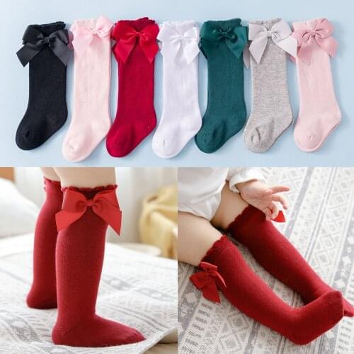 2021 New Style Pure Cotton Baby Girls Sock Cute Girl Stockings In Pure Color With Bow Children Boutique Cloth