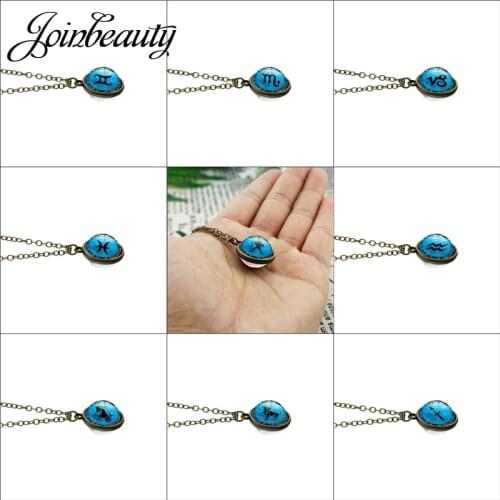 JOINBEAUTY 12 Constellation Gemini Libra Necklace Men Women Double Side Pendant Round Glass Dome Fashion Jewelry Accessories
