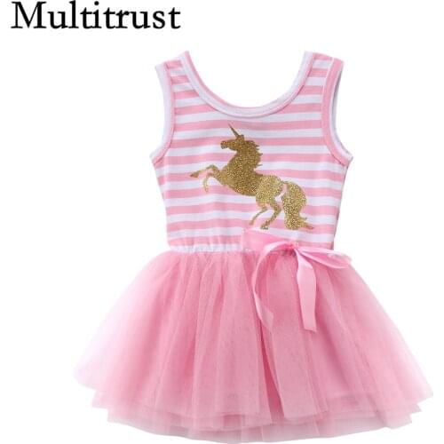 Citgeett Pretty Little Girl Baby Unicorn Dress Summer Sleeveless Striped Pink Mesh Tulle Party Wedding Tutu Dress