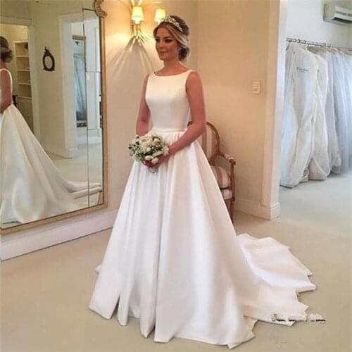 Simple Elegant A Line Wedding Dress 2020 Princess Scoop Neck Sleeveless Backless Sweep Train Bridal Gown Free Shipping