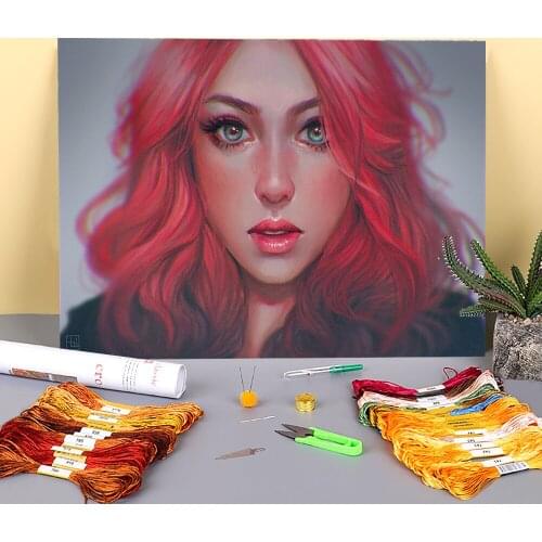 Cartoon Girl Woman Printed Water-Soluble Canvas 11CT Cross-Stitch DIY Embroidery Patterns DMC Threads Handiwork Design