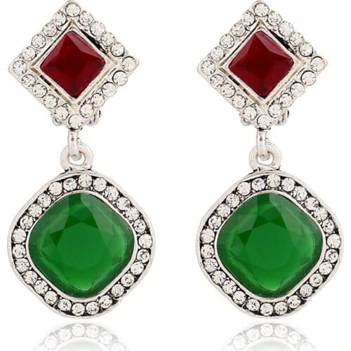 CRLEY Luxury Round Green Drop Earrings Red Square Connected Rhinestone Design New Collection Jewelry Brincos Dangle Earring