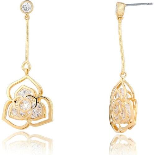 Yellow Gold Color Filled Cut Out Triangle Plum Crystals Flower Drop Dangle Earrings For Women Girls Jewelry Aros Aretes kolczyki