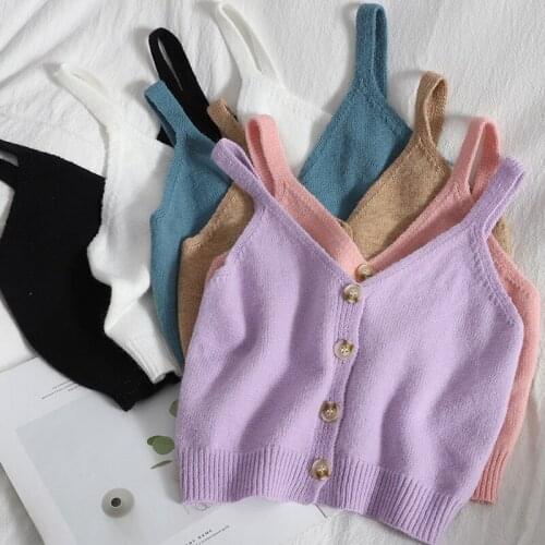 Women Summer Autumn Knitted Crop Tops Women V-neck Button Up Cute Ribbed Solid Straps Top For Women Female