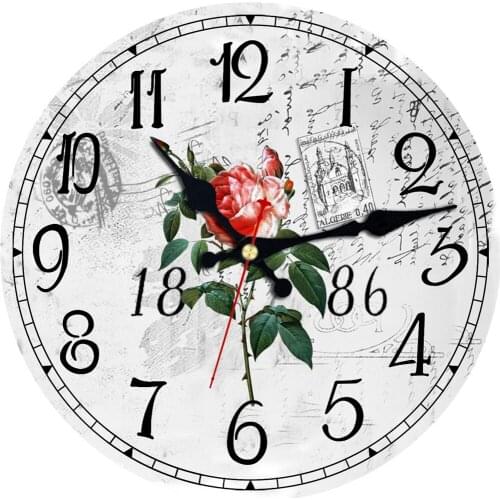 Vintage Flowers Wooden Wall Clock Rose Floral Large Silent Design Round Wall Clock Arabic Numerals Vintage Flowers Style Clock