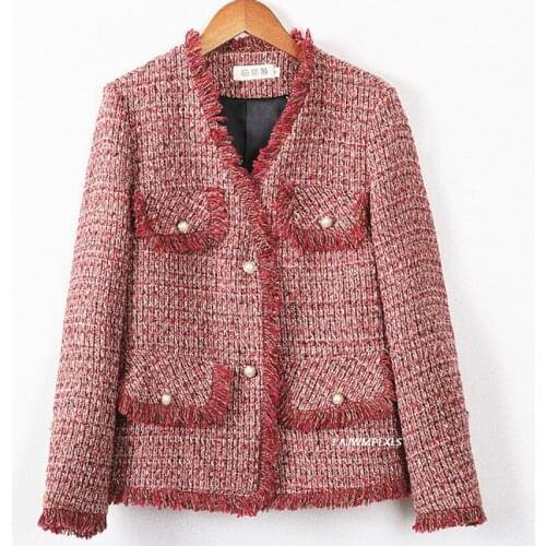 2021 New Spring Women Tweed Jackets New Brand Ladies Blends Wool Tassel Long Sleeve Red Single Breasted V Neck Fringe Coats