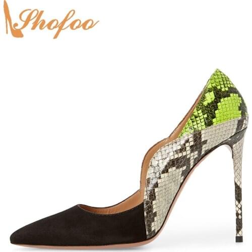 Black Green Snake Patchwork Stiletto High Heels Women Pumps Pointed Toe Large Size 14 15 Ladies Summer Fashion New Shoes Shofoo