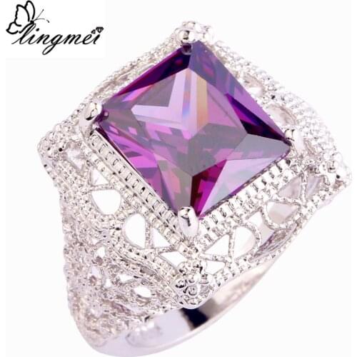 Lingmei Wholesale Elegant Fashion Gorouge Purple Zircon Silver Color Ring Size 6 7 8 9 10 Women Wedding Band Christmas Gifts