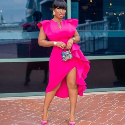 Falbala V-Neck Solid Color Printed Dress Slim 2021 Summer Spring Sexy Cut Out Ruffles Dresses Women Party Office Midi Vestidos