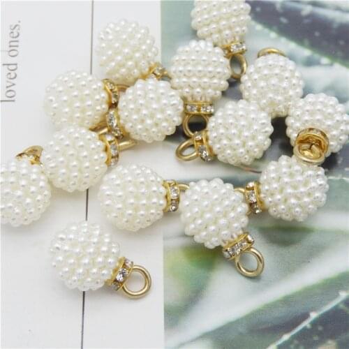 Julie Wang 20PCS 14mm Man-made White Ball Beads Alloy Cap With Rhinestone Spacer Bead Pendants Bracelet Jewelry Making Accessory