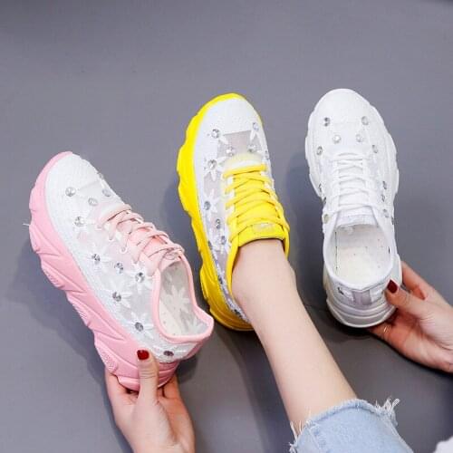 Large Size Dad Shoes Womens 2021summer New Mesh Flower Rhinestone Thick Bottom Hollow Sneakers